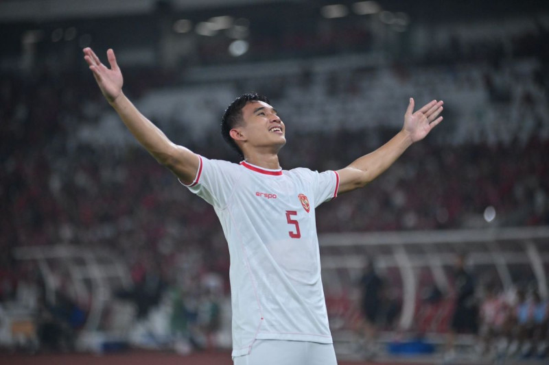 Rizky Ridho saat laga Kualifikasi Piala Dunia 2026 Zona Asia di Stadion Utama Gelora Bung Karno, Jakarta.