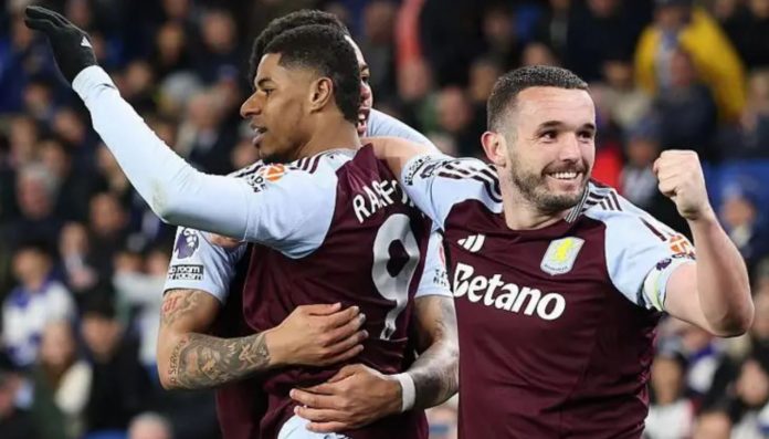 Penyerang Aston Villa Marcus Rashford usai mencetak gol ke gawang Brighton and Hove Albion di laga Liga Primer Inggris.